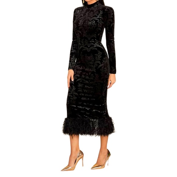 NWOT | Split Back Fuzzy Hem Bodycon Dress (Black) - Picture 2 of 8